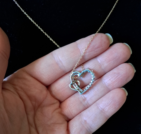 Vintage Sterling Silver & 10K Yellow Gold Double Heart Pendant Graduated Stones - Picture 3 of 10